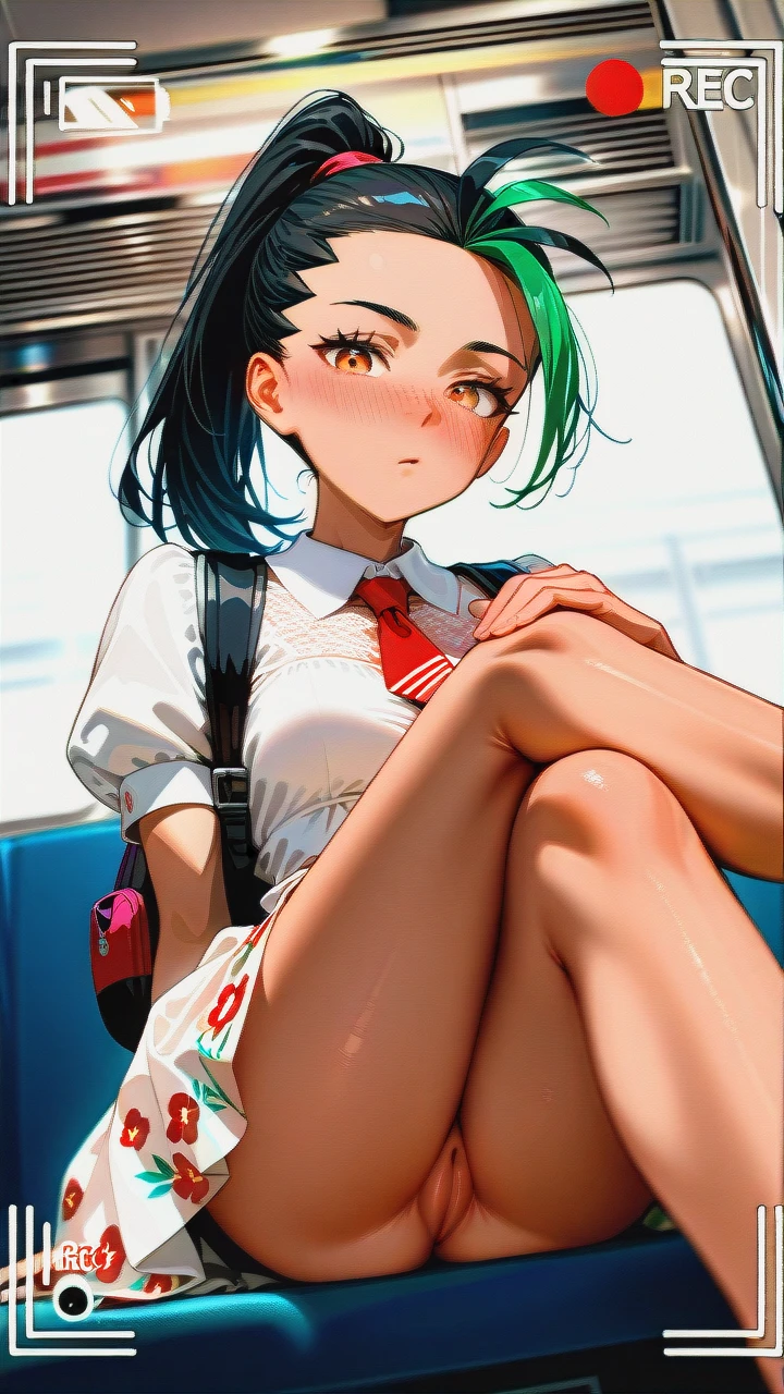 (vagina) (skinny) (seductive_sitting) (open_dress) (puffy_pussy) (black_backpack) (upskirt) (knees_skirt) (train) (crossed_legs) (distracted) (pointy_breasts) (dutch_angle) (crowded_train) (surprised) (looking_down) (blur_behind) (shadow_silhouettes_behind) (recording) (creepshot_style) (candid) (dot_mouth) @nemona (confused) (phone_recording) (pussy_close-up) (hands_on_own_knees) (suspicious_eyebrows) (nose_blush)  (multiple_insertions) (floral_skirt) (hidden_camera_shot)