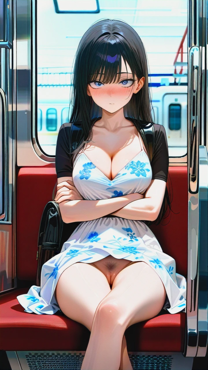 (vagina) (skinny) (seductive_sitting) (open_dress) (puffy_pussy) (black_backpack) (updress) (knees_skirt) (train) (crossed_legs) (distracted) (pointy_breasts) (dutch_angle) (crowded_train) (surprised) (looking_down) (blur_behind) (shadow_silhouettes_behind) (dot_mouth) (confused) (pussy_focus) (nose_blush) (floral_dress) (cleavage) (pussy_with_pubic_hair) (thinking) (crossed_legs) (crossed_arms) (underthighs) (ultra_detailed) (HD) (cute_anime)