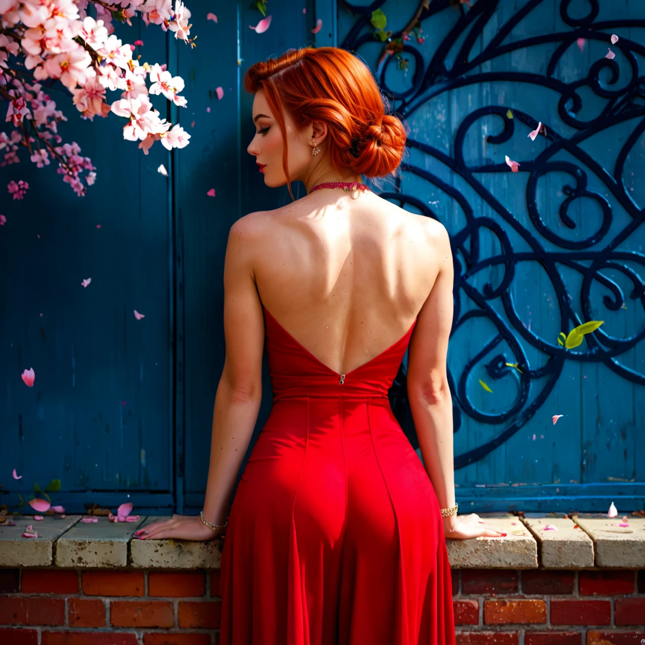 Skinny redhead young teen,(glory_wall), homecoming dress, maroon skirt and pink cherry blossom sleeveles top, (from_behind)