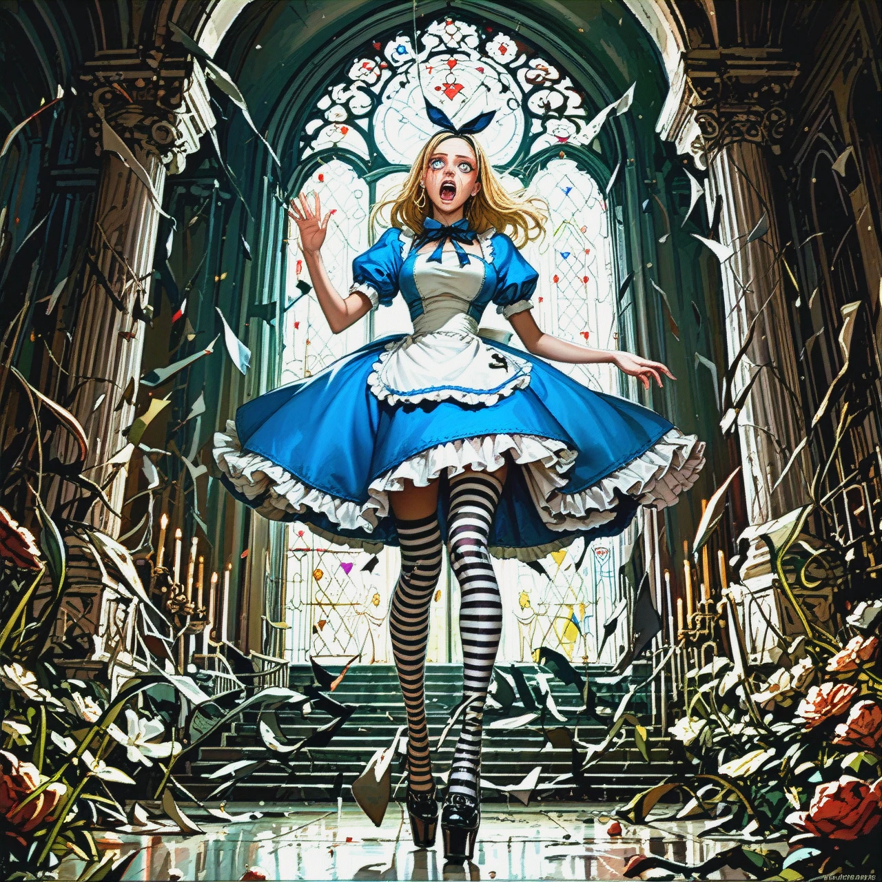 @alice is flying down from a height, back down, waving her legs, screaming, crying, her hair is developing, her dress is developing, striped stockings, high-heeled shoes, a deep dark vertical tunnel, lighting.