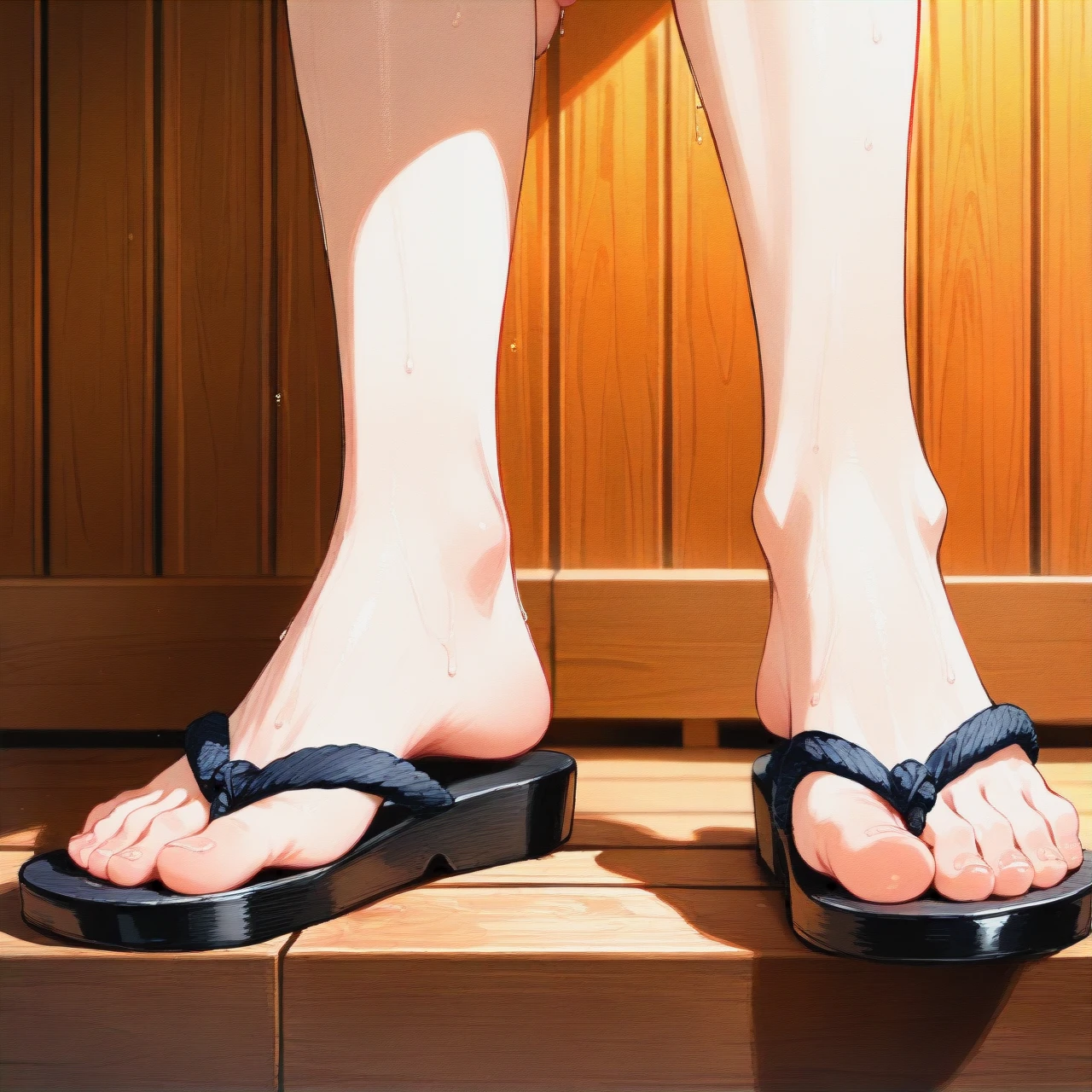 background with sauna a girl (skinny) (flat_chest)  flip-flops perfect feet laughing, swollen pussy, puffy pussy