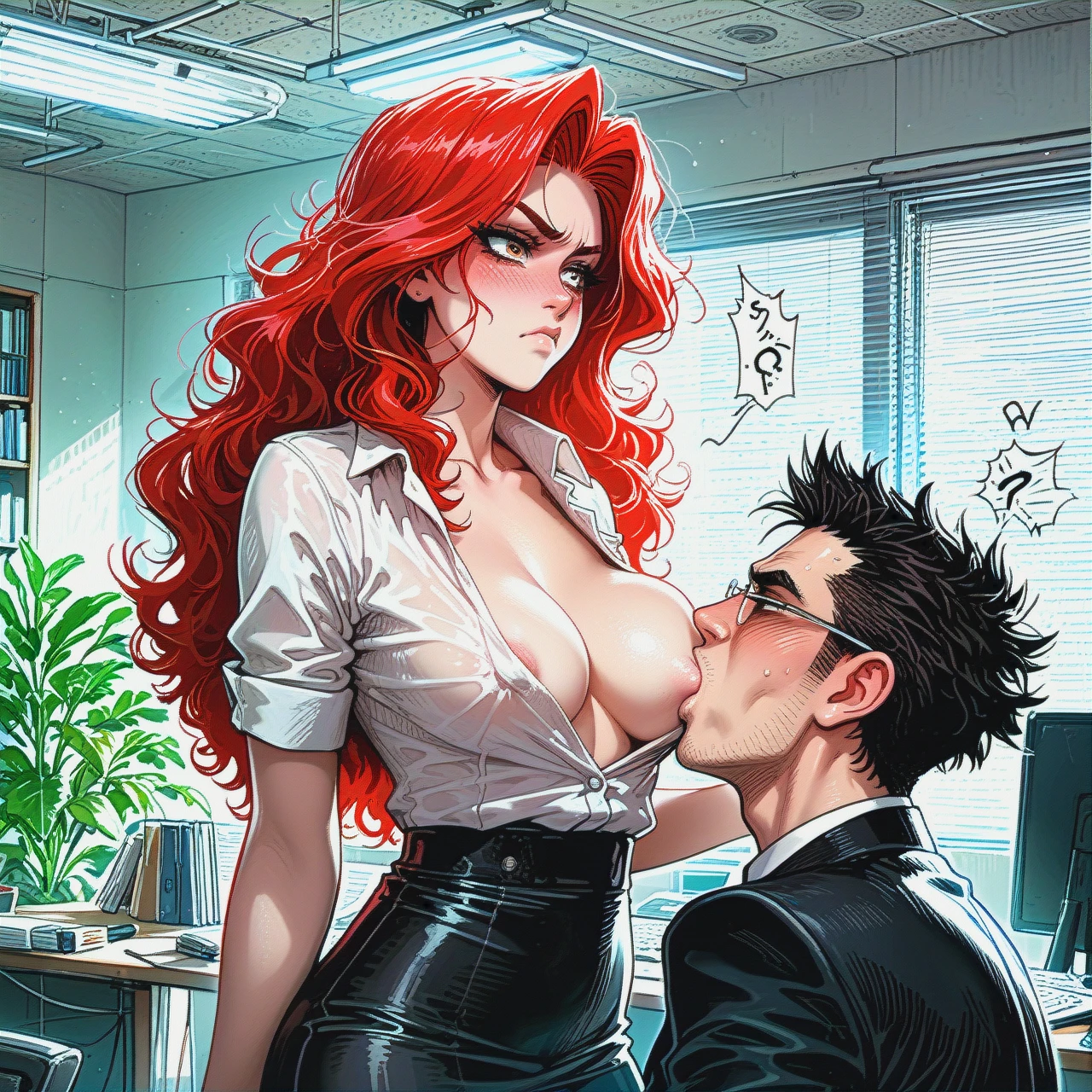 Red hair, wavy hair, office, (nipple_slip) , (breast_sucking) , 1 boy, 1 girl, nipple in mens mouth, (disgust), (full_blush), (sideways_glance) , standing, sweated, sigh