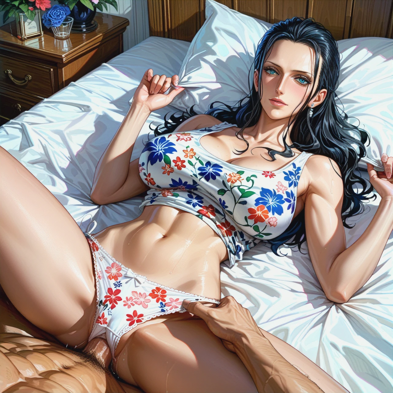 Nico Robin,mature, missionary ,on bed, pulled up crop tank top white floral, panties,floral, , pulled back hairstyles