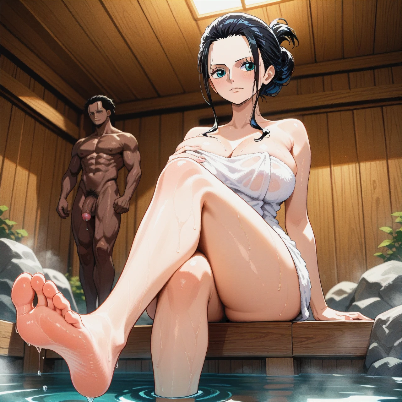 onsen, sole male, sole female, towel,  pulled back hairstyle, @nico_robin , (crossed_legs), interracial, precum, full body perspective, one piece artstyle, (grabbing)