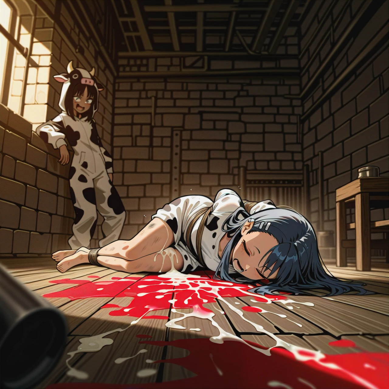 2 girls, nagatoro and gwen ben 10, one next other,  dirty, skinny, petite, adorable, tied up, in the floor, alone, open mouth, cow costume, covered cum, drip cum, after fucked, dungeon, red paint, sleeping, dirty, low camera angle