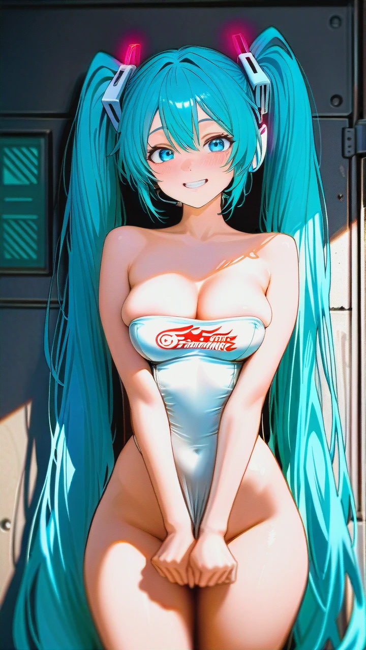 @racing_miku (clenched_teeth_smile) (wide-eyes) (v) (v) (legs_apart) (beautiful) (nasty) (double_v) (full-face) (pointy_breasts) (standing) (breast_slip) (High-resolution) (detailed_clothes) (original_lines)