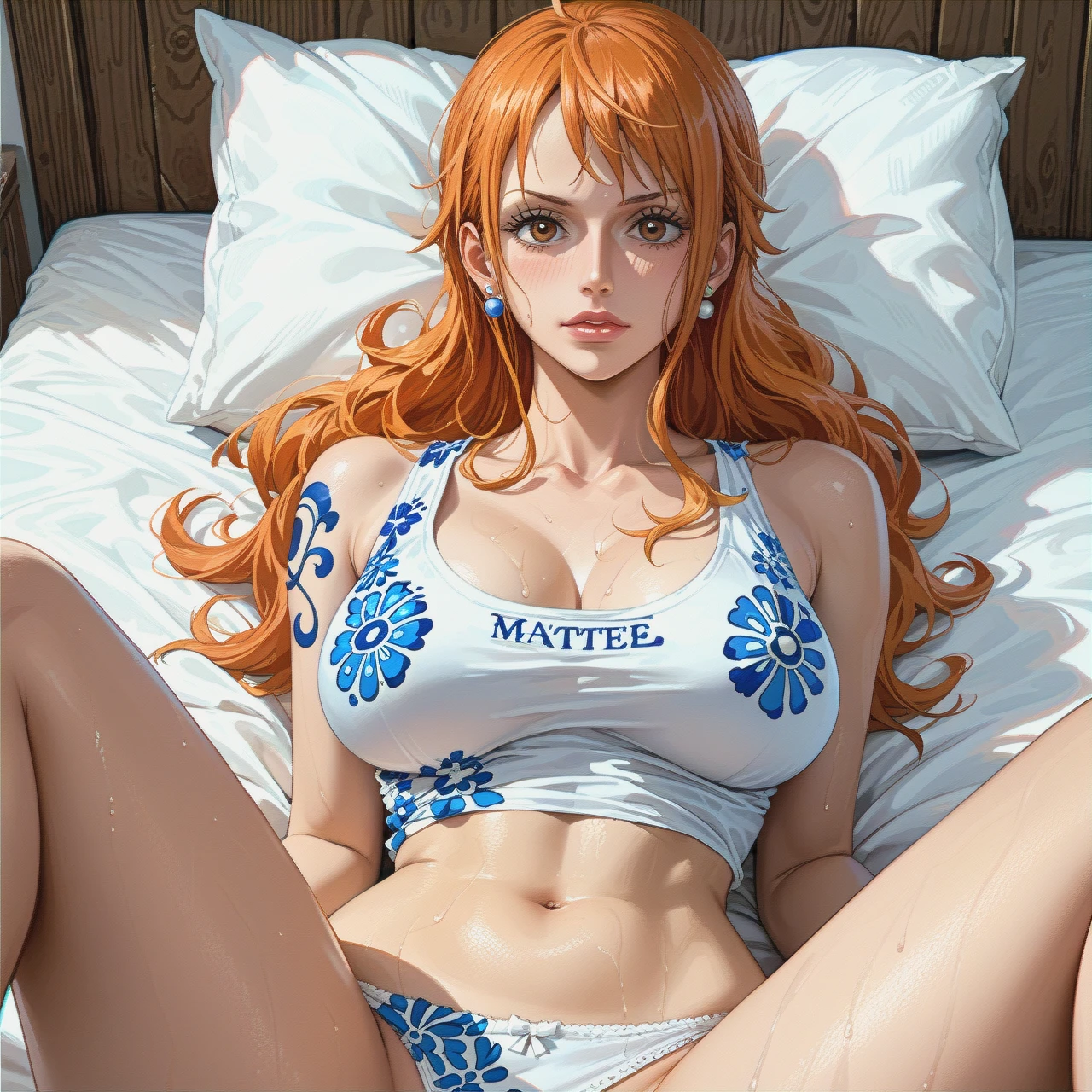 @nami,mature, missionary ,on bed, crop tank top white floral, panties,floral,