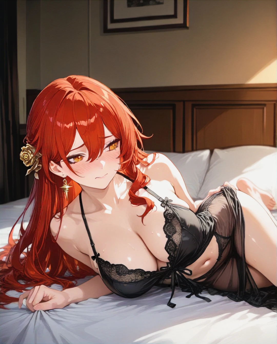 himeko from honkai 3rd,lingerie dress ,lift one leg up, (embarrassed) on bed, front view