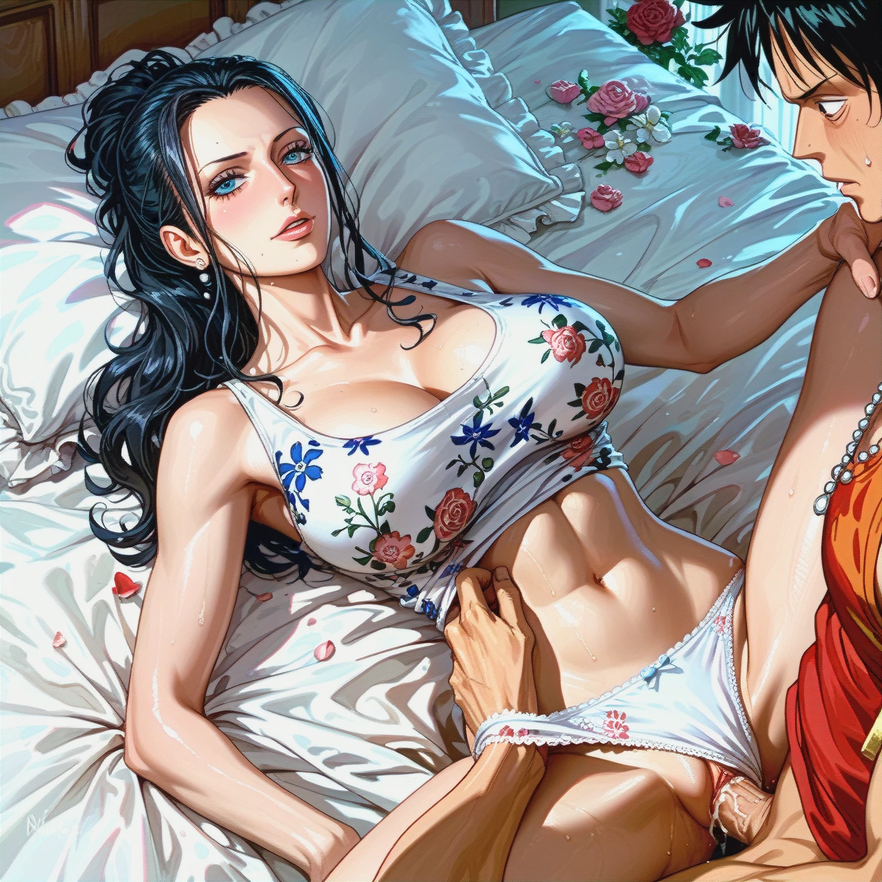 Nico Robin,mature, sex with monkey d Luffy,on bed, pulled up crop tank top white floral, panties,floral, , pulled back hairstyles, show up chest