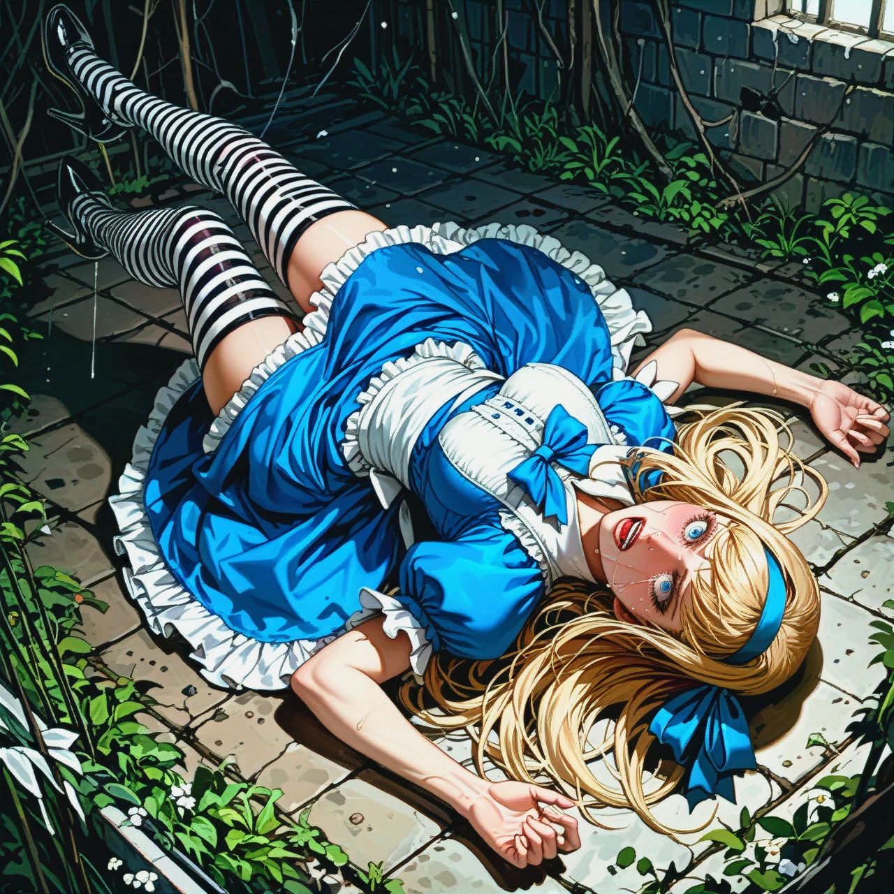 @alice, lying on her back, flies down from a height, swings her legs, screams, cries, hair develops, dress develops, striped stockings, high-heeled shoes, deep dark vertical stone tunnel, lighting.