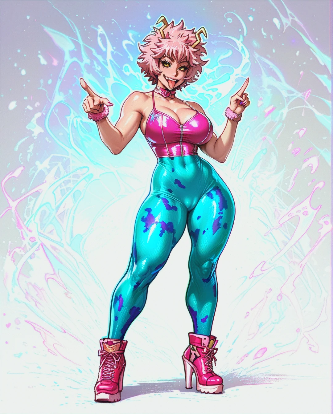 Mina Ashido, bimbo, slutty, large breasts, skinny waist, large ass thick thighs, skin tight clothes, mouth ooen, tongue out, smiling, pointing at mouth, full body view