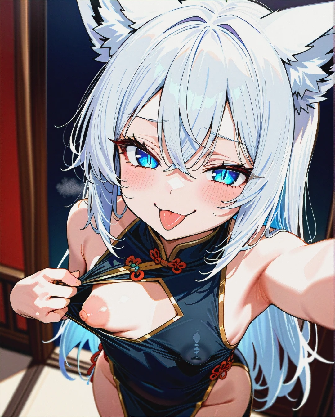 (full_body), fox_girl, (standing), selfie, (smug), (blush), (tongue_out), black_chinese_dress, sleeveless, pelvic_curtain, flashing_breasts, (one_breast_out), (eyelashes), white_hair, shoulder_length_hair, crossed_bangs, fox_ears, inner_ear_fluff, (blue_eyes), (slit_pupils), white_pupils, (flat_chest), (sagging_breasts), (puffy_nipples), (large_areolae)