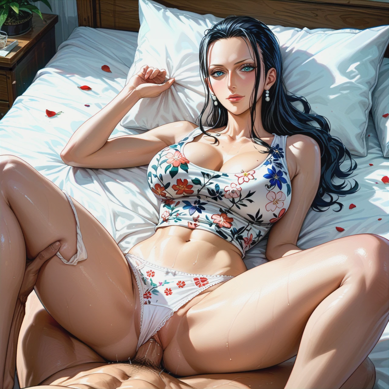 Nico Robin,mature, missionary ,on bed, pulled up crop tank top white floral, panties,floral, , pulled back hairstyles