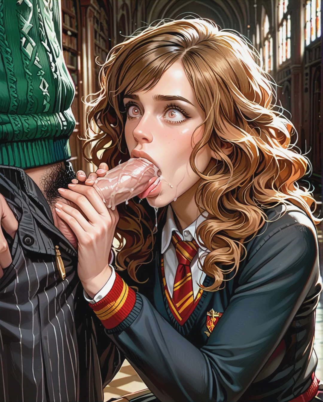 @hermione_granger dark hallway blowjob (fellatio)  (skirt_lift) pink panties, clothed male, (surprised)   groomed pubic hair, (ahegao)