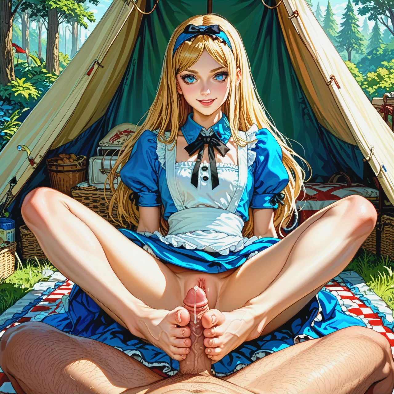 ten in background, campsite, @alice (skinny) (flat_chest) (puffy pussy) (perfect feet) (footjob) smiling giving a footjob to a big veiny dick, pre-cum