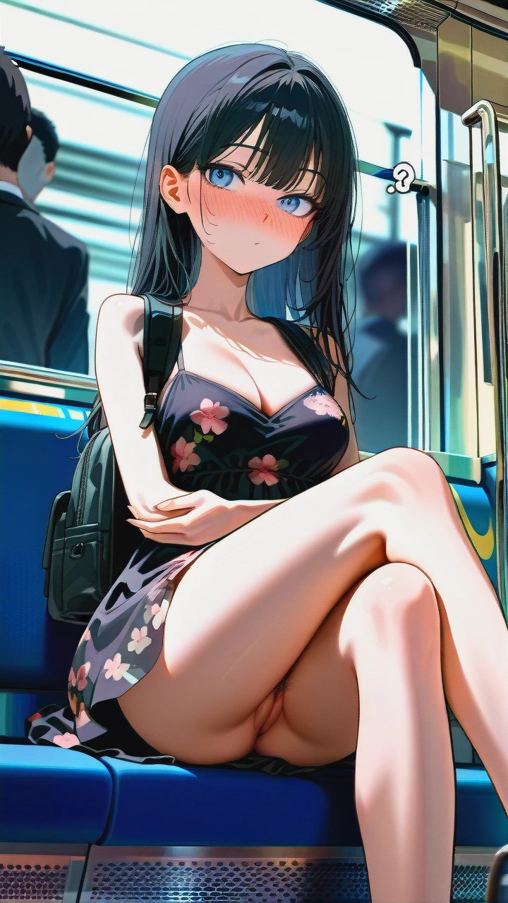 (vagina) (skinny) (seductive_sitting) (open_dress) (puffy_pussy) (black_backpack) (updress) (knees_skirt) (train) (crossed_legs) (distracted) (pointy_breasts) (dutch_angle) (crowded_train) (surprised) (looking_down) (blur_behind) (shadow_silhouettes_behind) (dot_mouth) (confused) (pussy_focus) (nose_blush) (floral_dress) (cleavage) (pussy_with_pubic_hair) (thinking) (crossed_legs) (crossed_arms) (underthighs) (ultra_detailed) (HD) (cute_anime) (from_below) (ass_focus) (sideways)