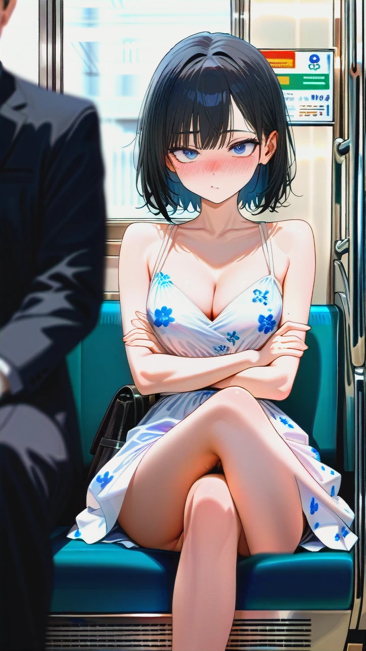 (vagina) (skinny) (seductive_sitting) (open_dress) (puffy_pussy) (black_backpack) (updress) (knees_skirt) (train) (crossed_legs) (distracted) (pointy_breasts) (dutch_angle) (crowded_train) (surprised) (looking_down) (blur_behind) (shadow_silhouettes_behind) (dot_mouth) (confused) (pussy_focus) (nose_blush) (floral_dress) (cleavage) (pussy_with_pubic_hair) (thinking) (crossed_legs) (crossed_arms) (underthighs) (ultra_detailed) (HD) (cute_anime) (from_below)