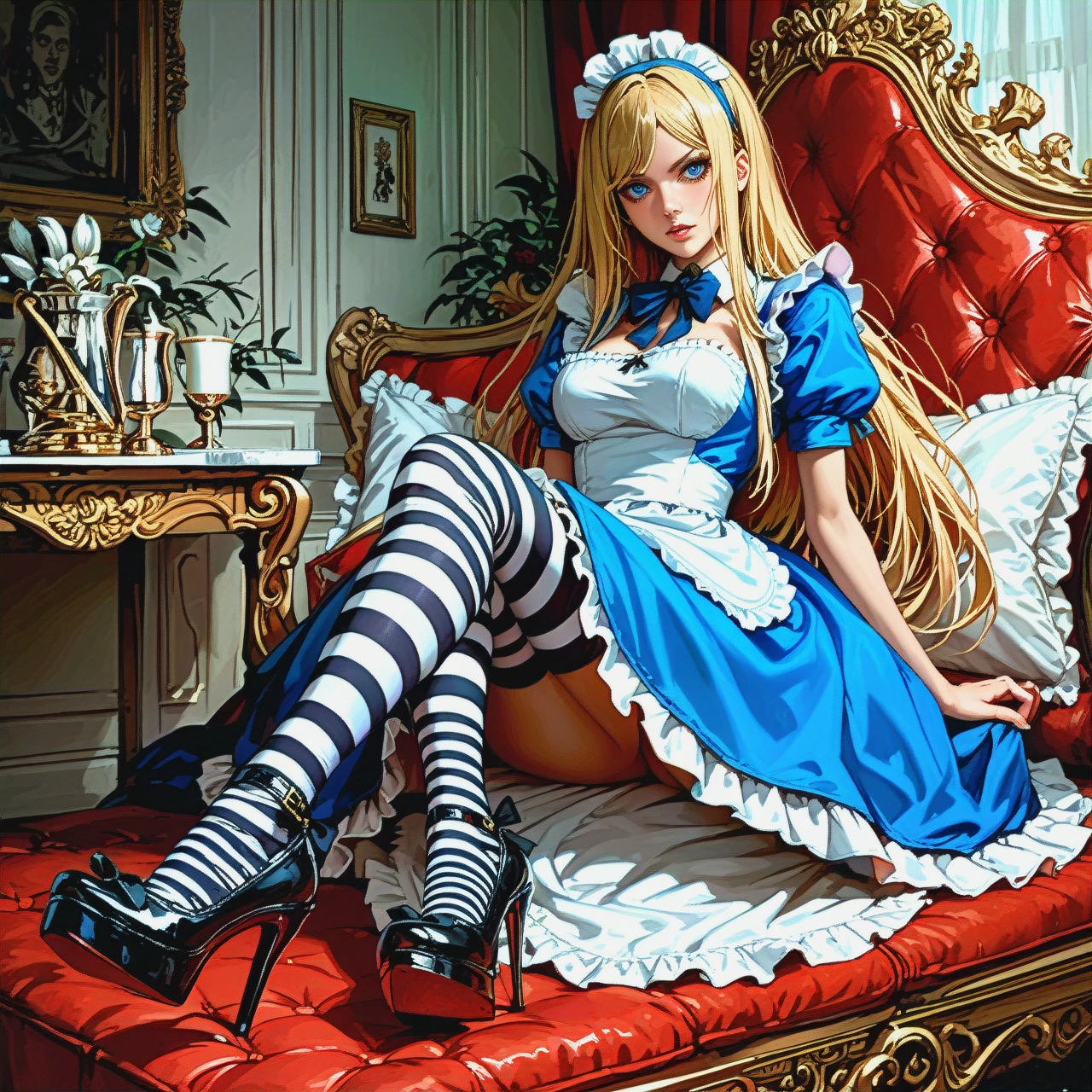 @alice, naked, maid's dress, striped stockings, high-heeled shoes, tidying up the bedroom.