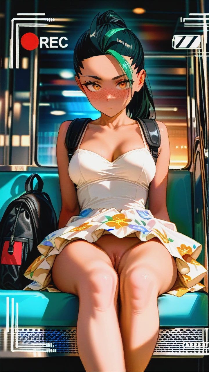 (vagina) (skinny) (seductive_sitting) (open_dress) (puffy_pussy) (black_backpack) (upskirt) (knees_skirt) (train) (crossed_legs) (distracted) (pointy_breasts) (dutch_angle) (crowded_train) (surprised) (looking_down) (blur_behind) (shadow_silhouettes_behind) (recording) (creepshot_style) (candid) (dot_mouth) @nemona (confused) (phone_recording) (pussy_close-up) (hands_on_own_knees) (suspicious_eyebrows) (nose_blush)  (multiple_insertions) (floral_skirt)