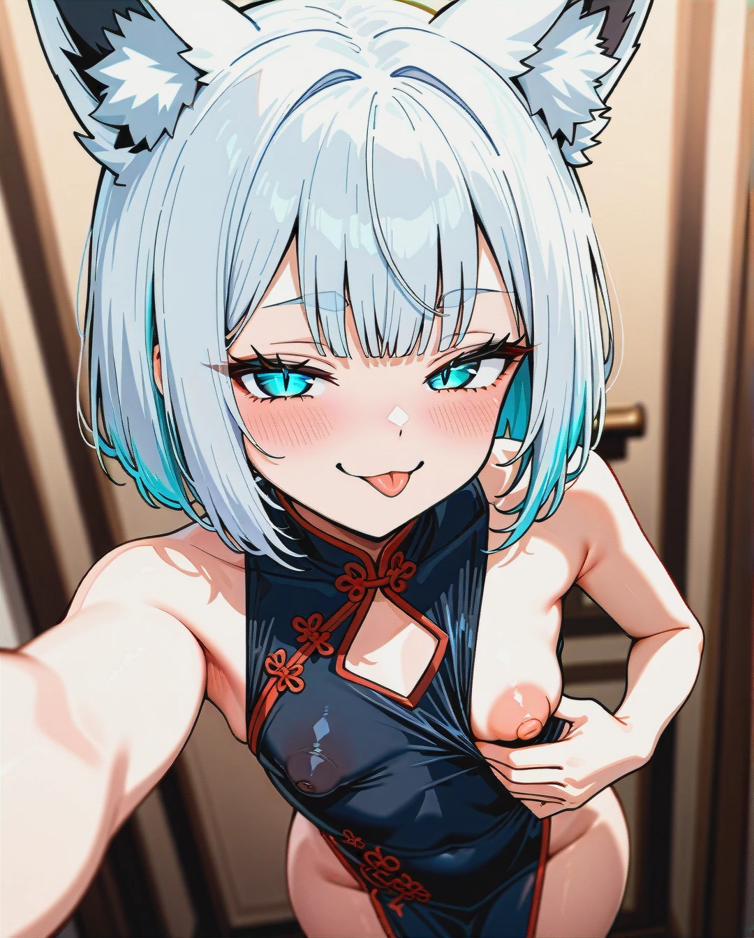 chelle_ingham, (full_body), fox_girl, (standing), selfie, (smug), (blush), (tongue_out), black_chinese_dress, sleeveless, pelvic_curtain, flashing_breasts, (one_breast_out), (eyelashes), white_hair, long_bob_cut, crossed_bangs, fox_ears, inner_ear_fluff, (blue_eyes), (slit_pupils), (flat_chest), (sagging_breasts), (puffy_nipples), (large_areolae)