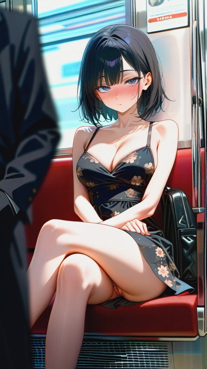 (vagina) (skinny) (seductive_sitting) (open_dress) (puffy_pussy) (black_backpack) (updress) (knees_skirt) (train) (crossed_legs) (distracted) (pointy_breasts) (dutch_angle) (crowded_train) (surprised) (looking_down) (blur_behind) (shadow_silhouettes_behind) (dot_mouth) (confused) (pussy_focus) (nose_blush) (floral_dress) (cleavage) (pussy_with_pubic_hair) (thinking) (crossed_legs) (crossed_arms) (underthighs) (ultra_detailed) (HD) (cute_anime)