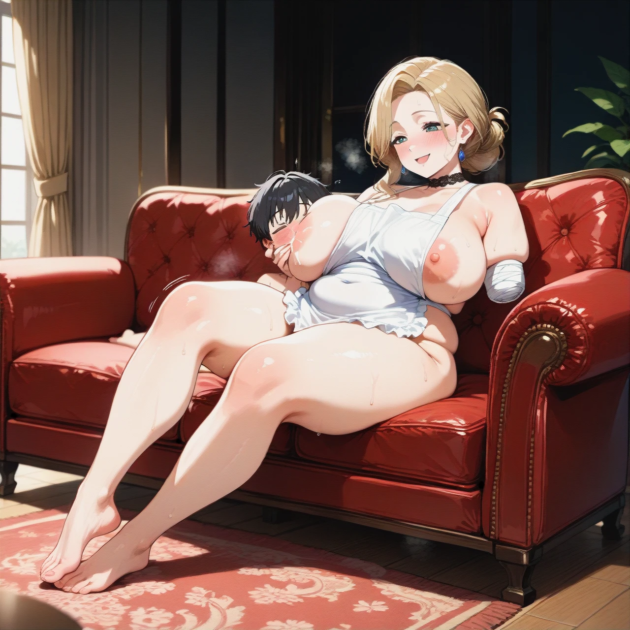 milf, (breastfeeding), amputee, (full_body), (plump), (mature_female), naked, apron, choker, couch, (breast_expansion), (happy), (blush), full body