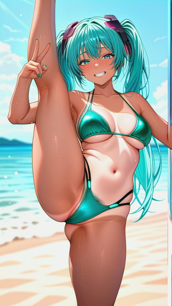 nasty-tanline,(full_body) ,(v),@hatsune_miku (clenched_teeth_smile) (pubic_hair) (Brazilian_bikini) (beach_sand_blue-sky_ocean) (nose_blush) (standing_split) (leg_lift) (bikini)