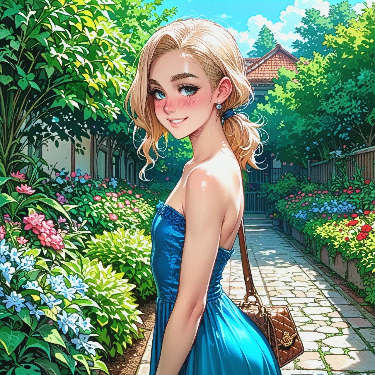 Slim blonde, thick eyebrows,garden,smiling,(flat_chest) low ponytail,blue strapless dress, handbag, (nose_blush) ass focus