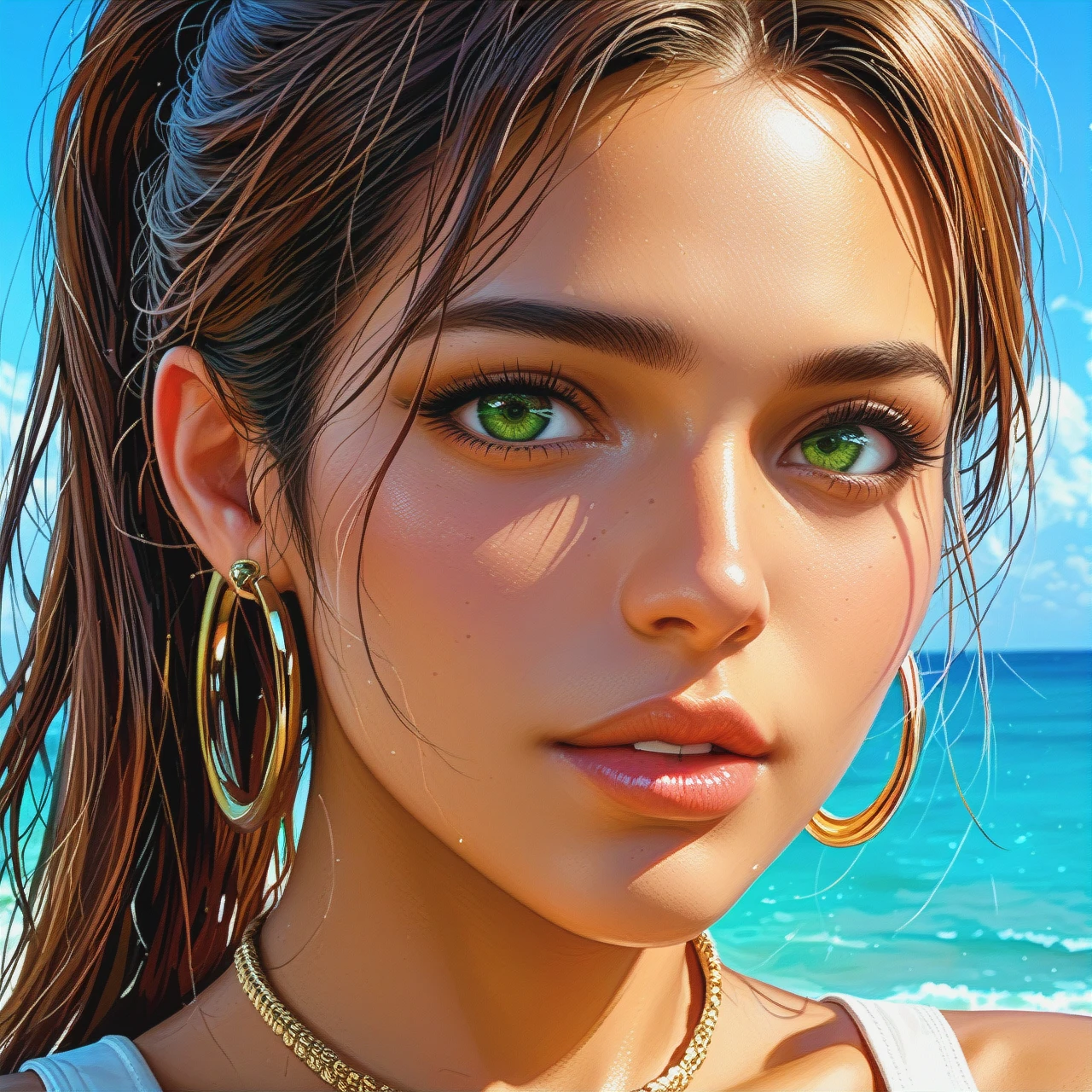 latina, golden-green eyes, brown skin, brown hair, ponytail, hoop earrings, face close-up, (close-up) mouth slightly open, detailed, realistic, ocean background,