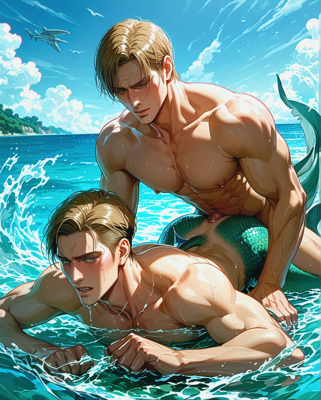 @erwin_smith , mermaid, tail, shark dick, male torso, gay, yaoi, (anal)