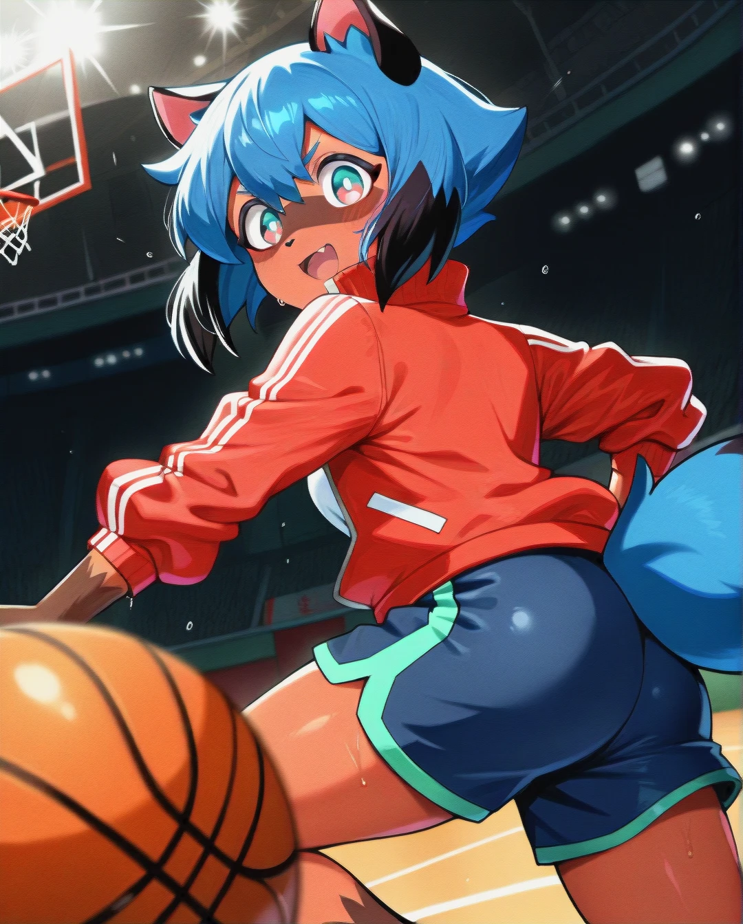 1girl, (furry),@kagemori_michiru,track jacket,basketball spin,