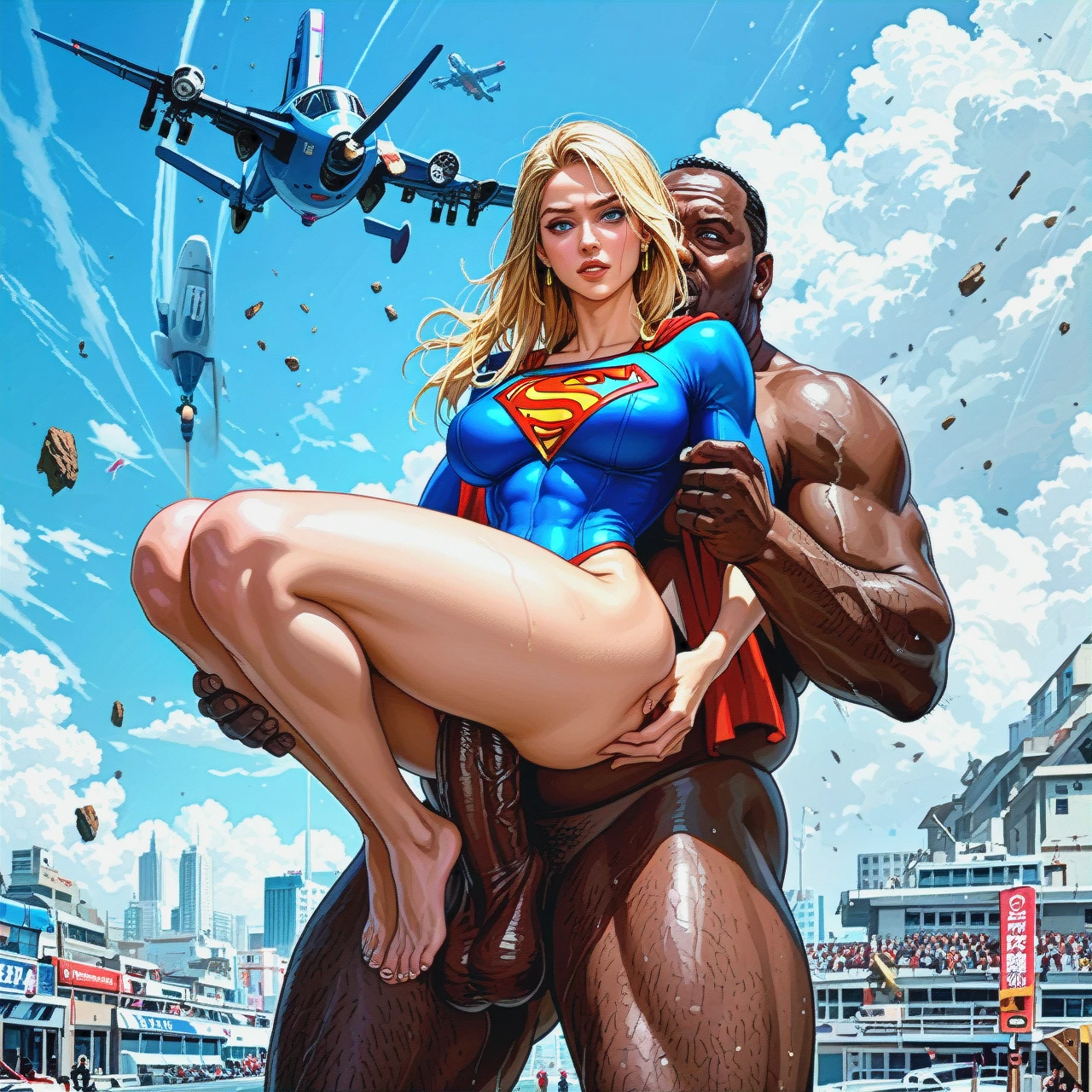 dark skinned male, ugly fat man, gangster, african , (flying) , (large_breasts) ,@supergirl , big penis, carrying , women_carrying