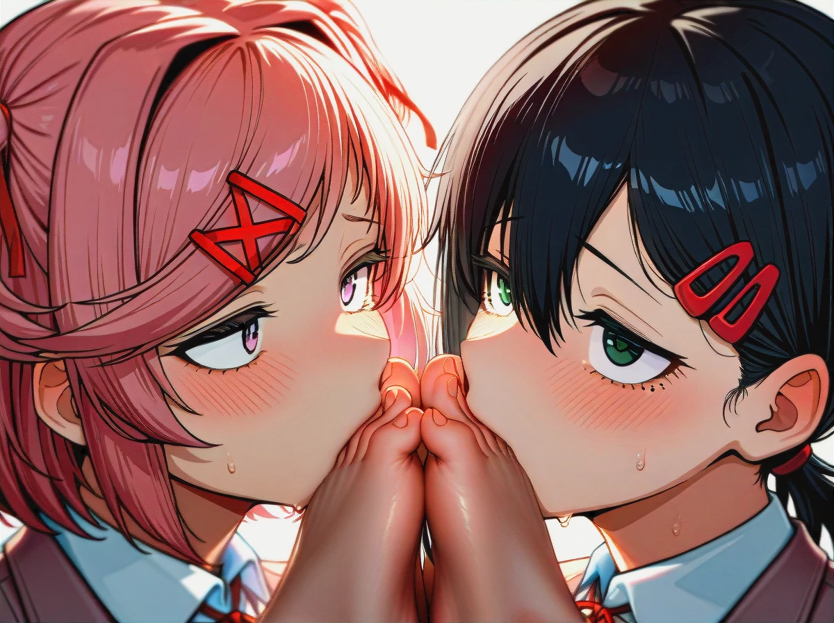 @natsuki_(doki_doki_literature_club) @kuroki_tomoko @higashiyama_kobeni (smelling_feet)