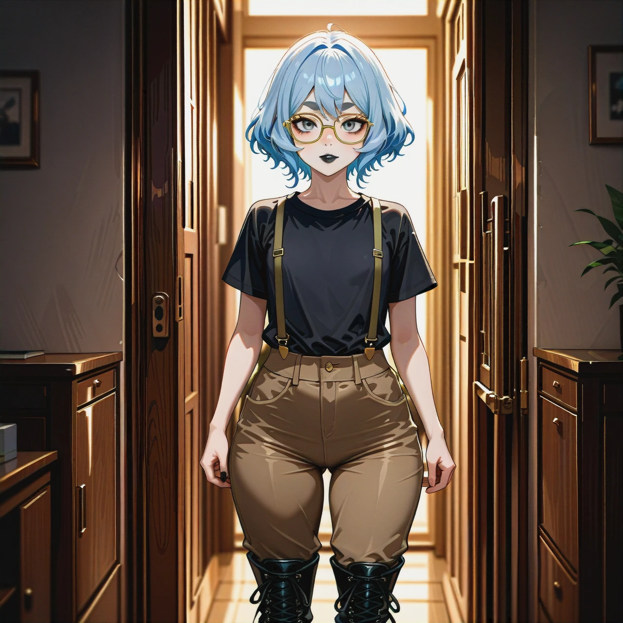 college girl, tall, wiry, beige skin, gray eyes, ear-length blue hair, flat chest, round butt, thick eyebrows, black eyeliner, black lipstick, fitted purple t-shirt, baggy brown pants, suspenders, black combat boots, yellow-framed rectangular glasses