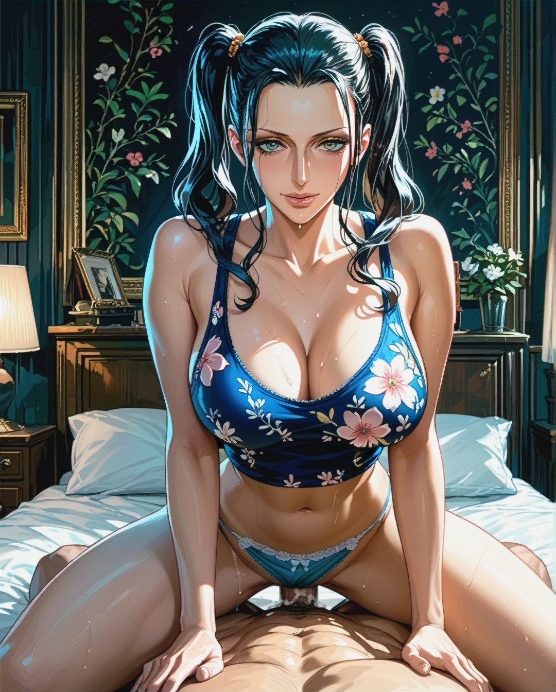 Nico Robin,mature,on bed, pulled up crop tank top white floral, panties,floral, , twintails hairstyles, sex on top,medium chest, front view, dark room