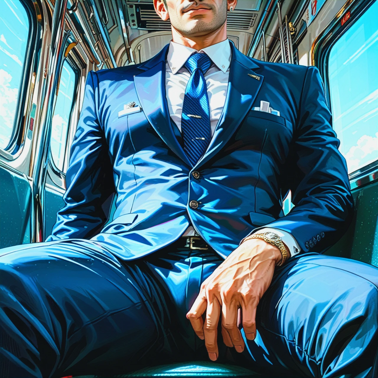 business man in blue suit, sitting in train, (pov_crotch), (close-up) focus on lower body