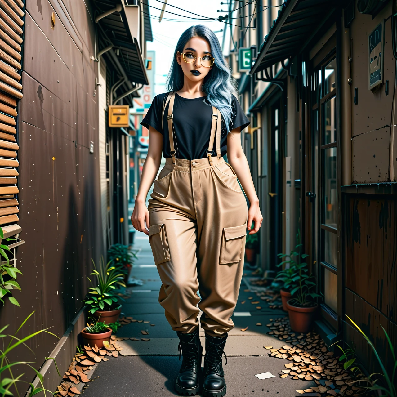 college girl, tall, wiry, beige skin, gray eyes, ear-length blue hair, flat chest, round butt, thick eyebrows, black eyeliner, black lipstick, fitted purple t-shirt, baggy brown pants, suspenders, black combat boots, yellow-framed rectangular glasses