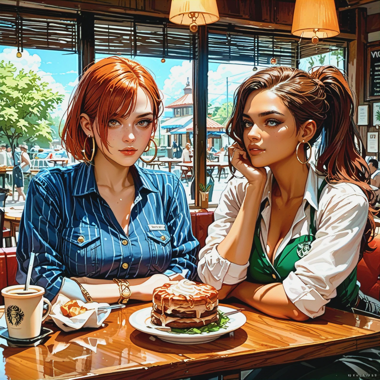 2girls, sexy dressed Milfs, brown haired Latina with ponytail and hoop earrings, and redhead with crew cut and nose piercing, breakfast table in coffee shop