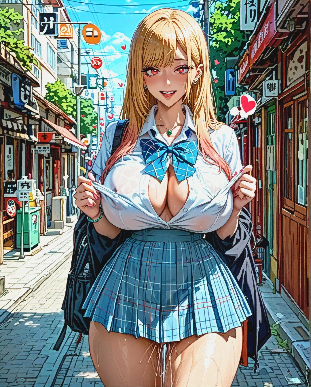 @kitagawa_marin, (heart-shaped_eyes), (gigantic_breasts),  (nipple_slip), excessive (Pussy_juice), frantically (implied_masturbation), (public_indecency), school uniform, wide hips, big thighs, classroom