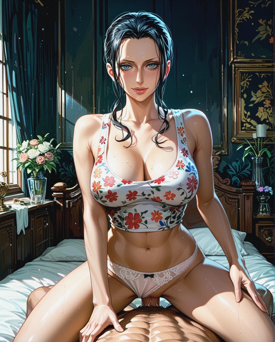 Nico Robin,mature,on bed, pulled up crop tank top white floral, panties,floral, , twintails hairstyles, sex on top,medium chest, front view, dark room