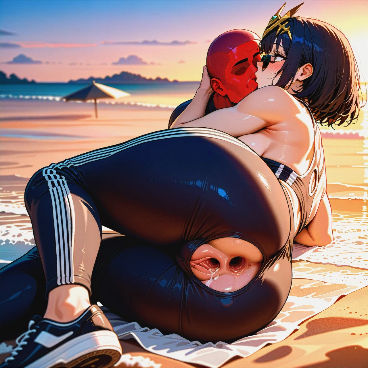 1girl,solo, a girl headpiece, kissing_penis, creampie, gaping_pussy,black_footwear,perky_big tits,knees_up, large_nose,biceps,cleavage,wide_hips,kissing_neck, sweatpants,gold_stockings,sunglasses,running_shoes, lying_on beach, digital_art, Brightly_Lit