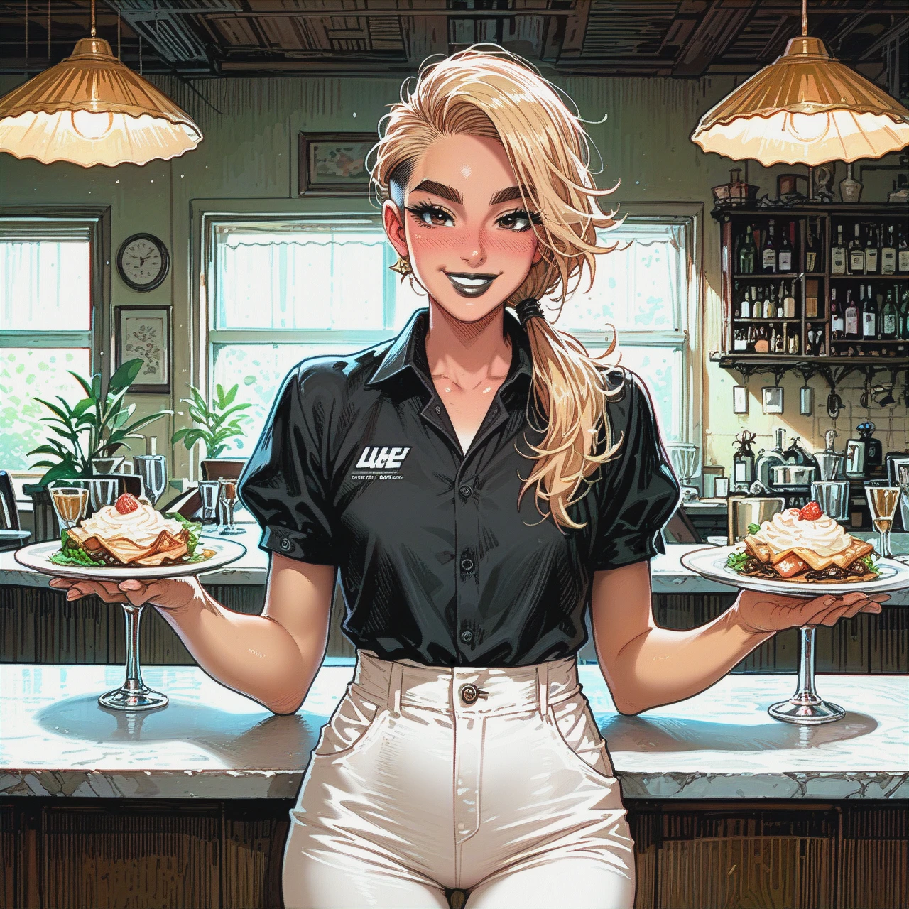 Skinny tanned blonde girl (flat_chest),thick eyebrows,black shirt and pants,waitress,(smile),low ponytail,Solo, (blush) comics, black lipstick,undercut hairstyle