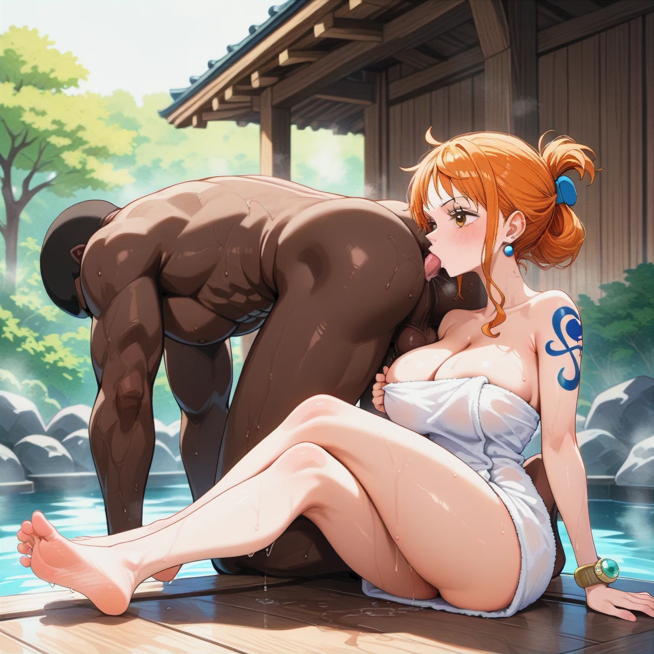 onsen, sole male, sole female, towel, (crossed_legs), pulled back hairstyle, @nami, interracial, precum, (anilingus), (full_body)