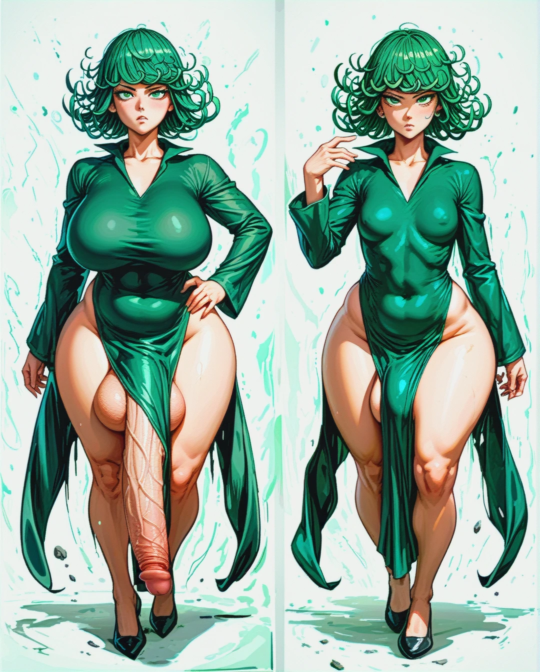 score_9, score_8_up, score_7_up, 1futa, @tatsumaki,  (plump), (gigantic_breasts), (full-package_futanari),  (gigantic_cock), (gigantic_balls), (hanging_cock), (limp_cock), clothes, wide hips, big thighs, (multiple_views)