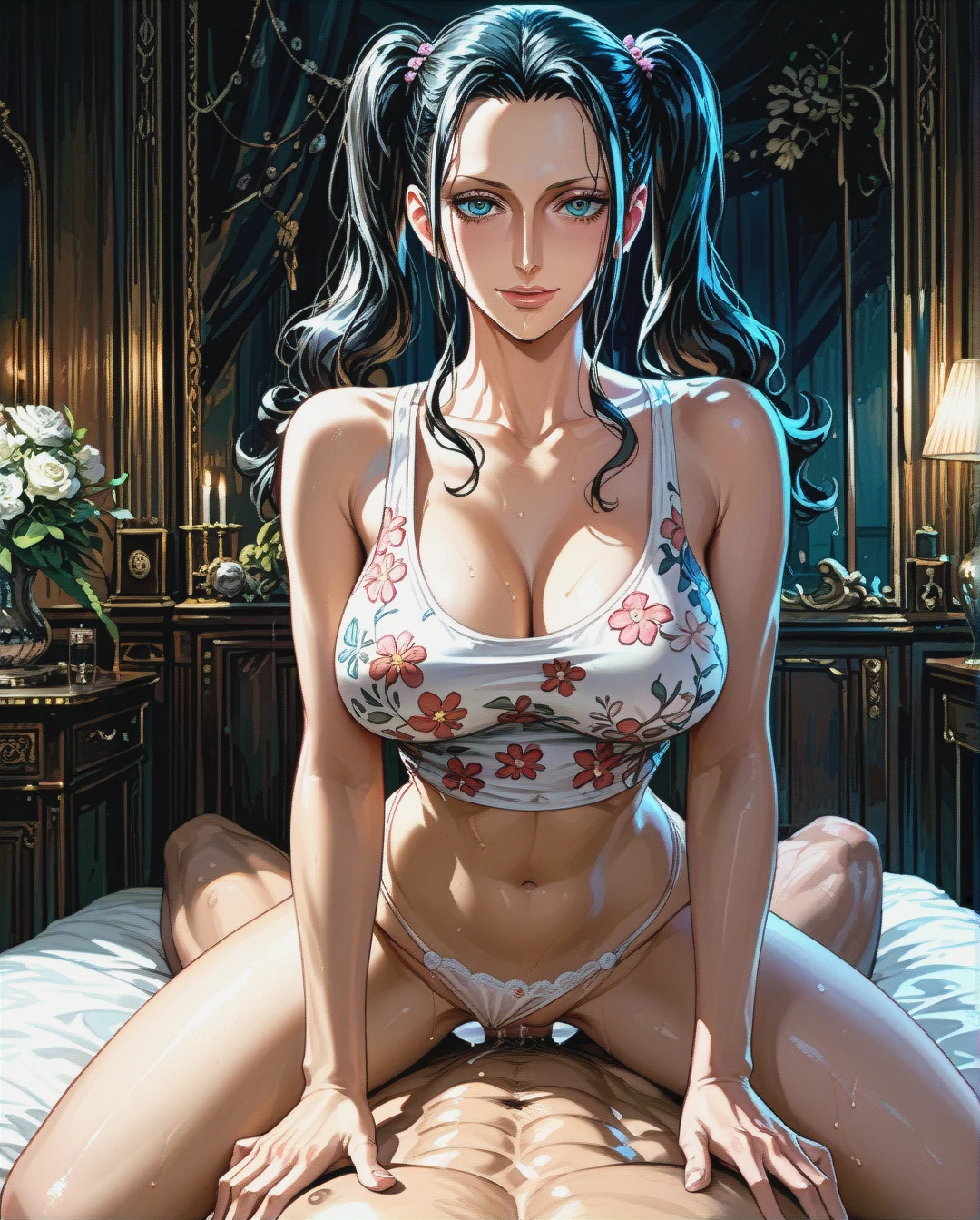 Nico Robin,mature,on bed, pulled up crop tank top white floral, panties,floral, , twintails hairstyles, sex on top,medium chest, front view, dark room