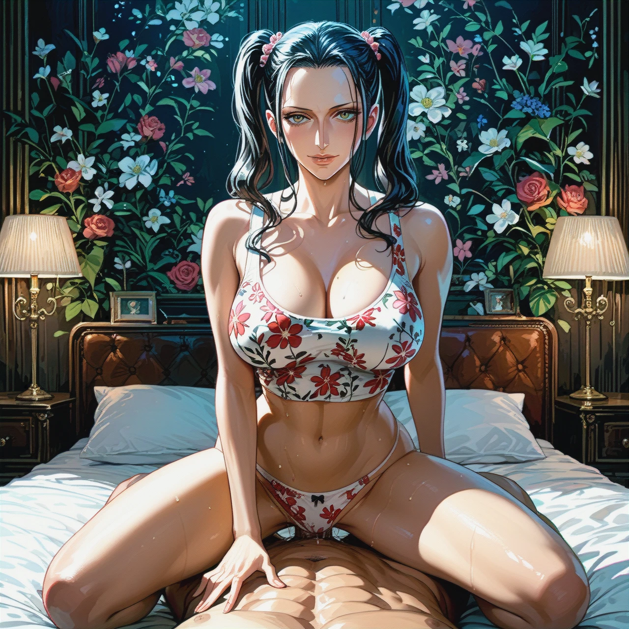 Nico Robin,mature,on bed, crop tank top white floral, panties,floral, , twintails hairstyles, sex on top,medium chest, front view, dark room