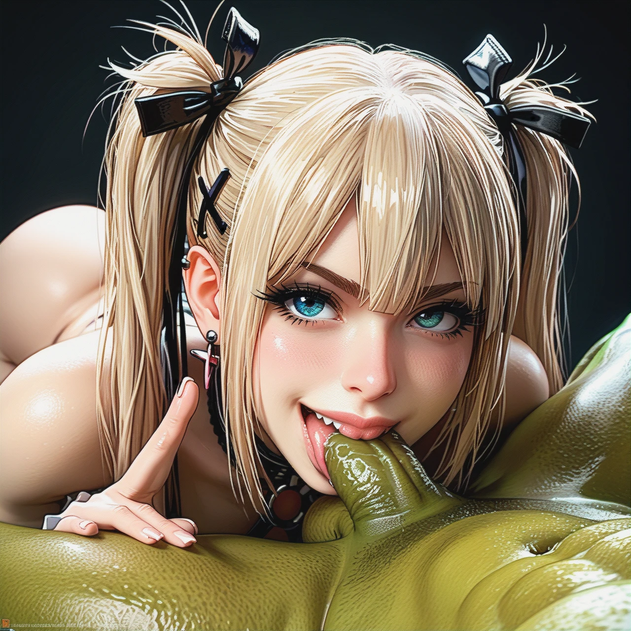 marie rose, pigtails,cute , marie  analingus, green goblin, goblin,marie licking goblins anus, marie giving a rimjob, analingus ,  face near ass, looking at camera, smile, peace sign ,<lora:3D XL:3>