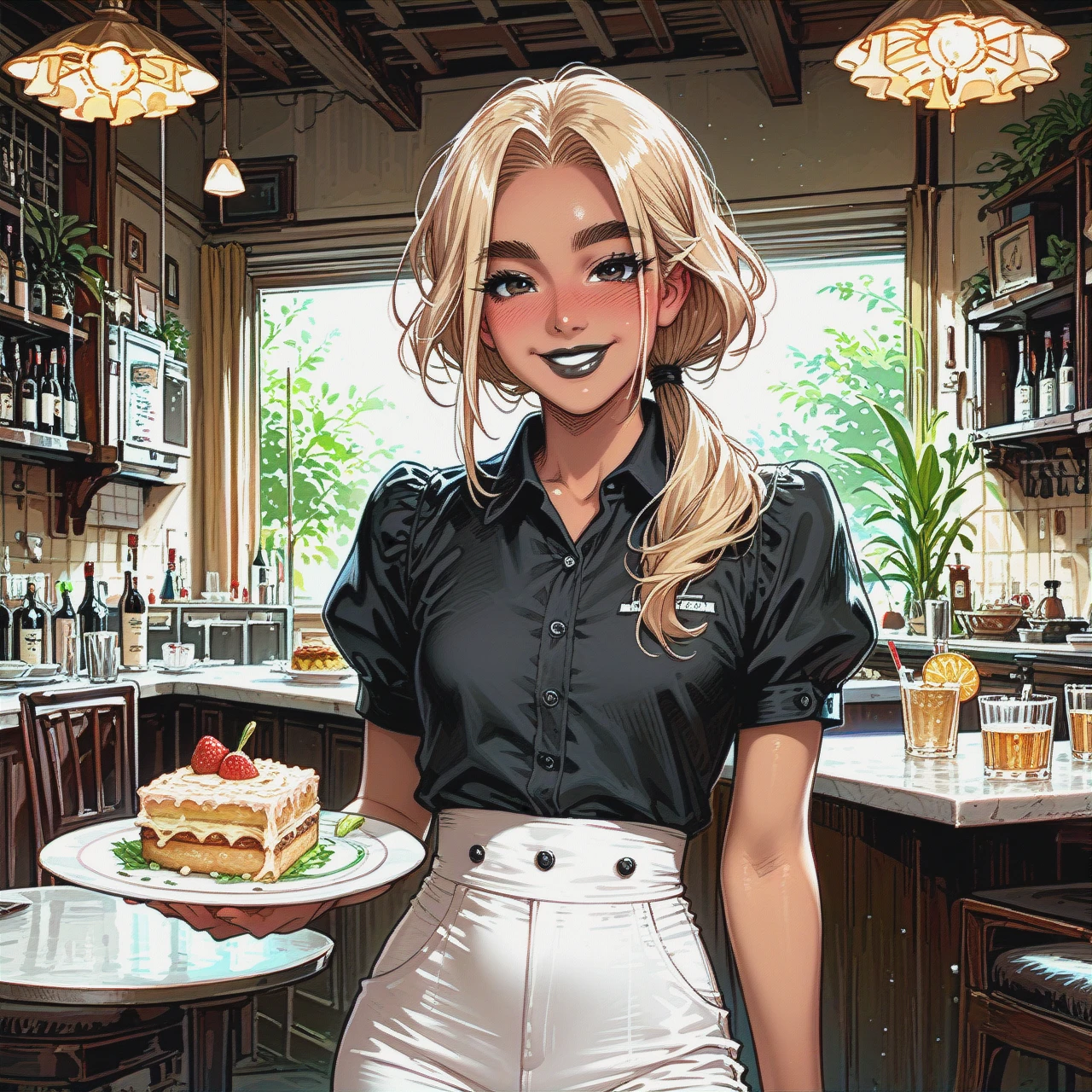 Skinny tanned blonde girl (flat_chest),thick eyebrows,black shirt and pants,waitress,(smile),low ponytail,Solo, (blush) comics, black lipstick