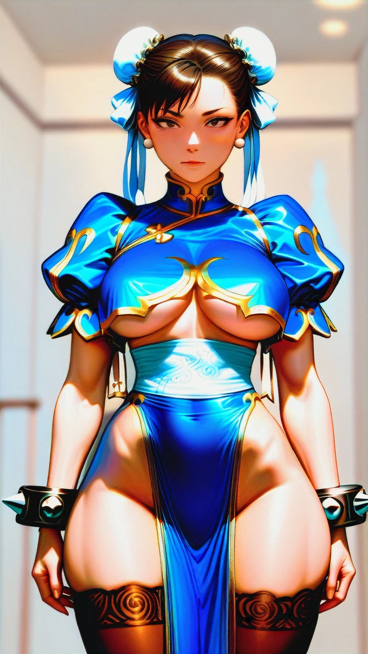 @chun-li (full-face) (thick thighs) (skinny) (thin) (thighighs) (legs_apart) (young_female) (defined_musculature) (very_skinny_body) (ectomorph) (slim) (open_dress) (open_hand) (underboob)