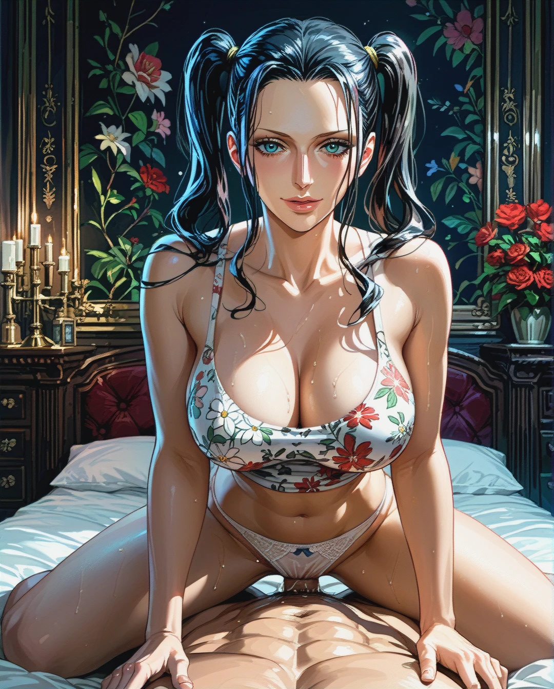 Nico Robin,mature,on bed, pulled up crop tank top white floral, panties,floral, , twintails hairstyles, sex on top,medium chest, front view, dark room